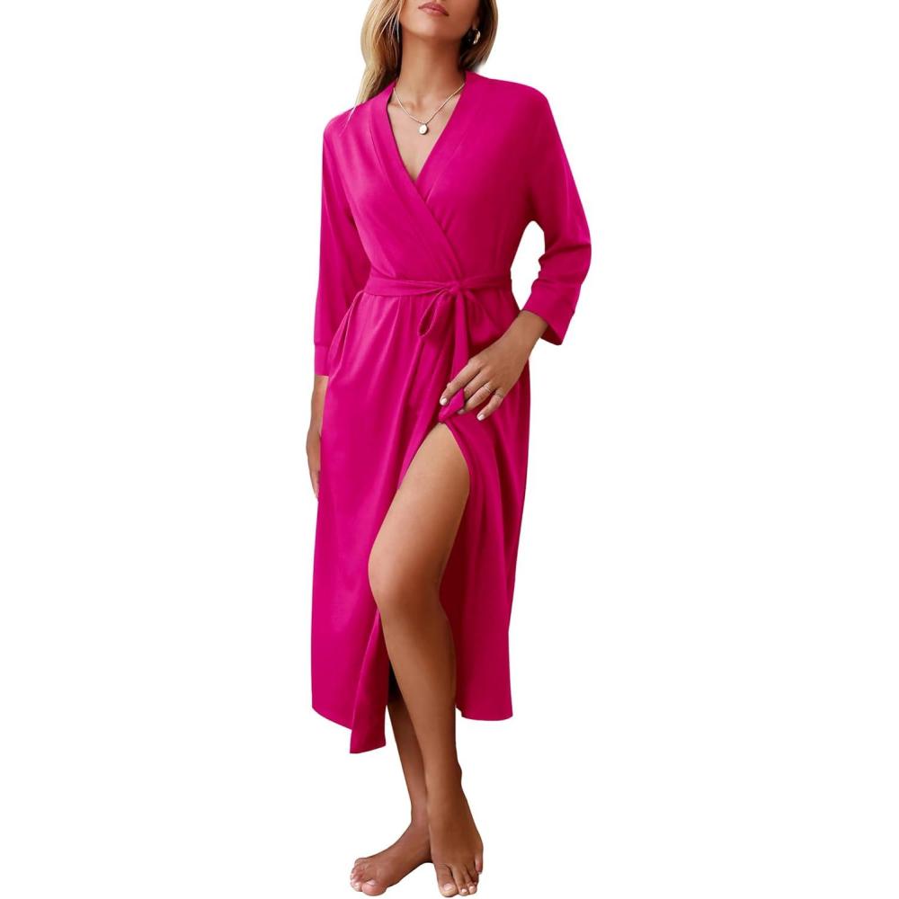 imageEkouaer Women Robes Long Knit Bathrobe Lightweight Soft Kimono Robes Casual Ladies Loungewear with PocketsHot Pink