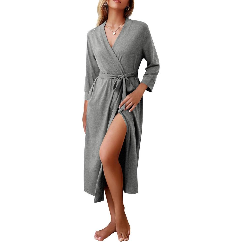 imageEkouaer Women Robes Long Knit Bathrobe Lightweight Soft Kimono Robes Casual Ladies Loungewear with PocketsLight Grey