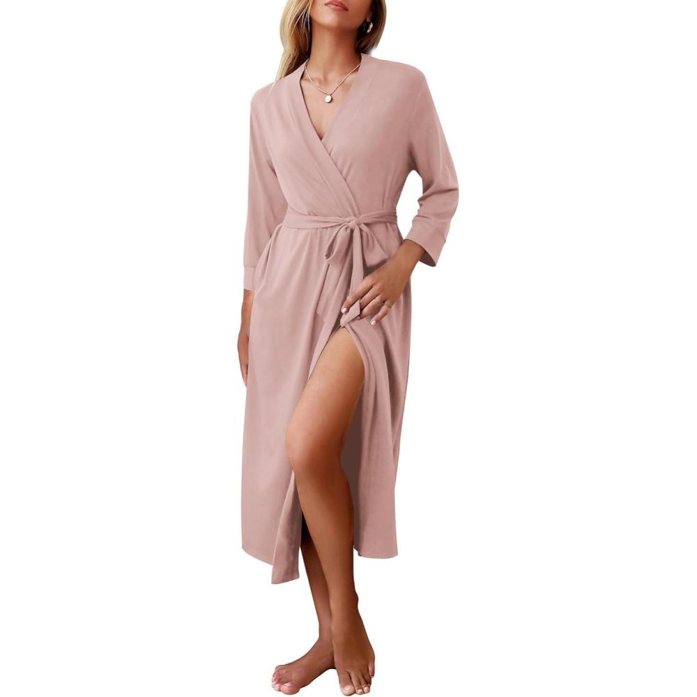 imageEkouaer Women Robes Long Knit Bathrobe Lightweight Soft Kimono Robes Casual Ladies Loungewear with PocketsPink