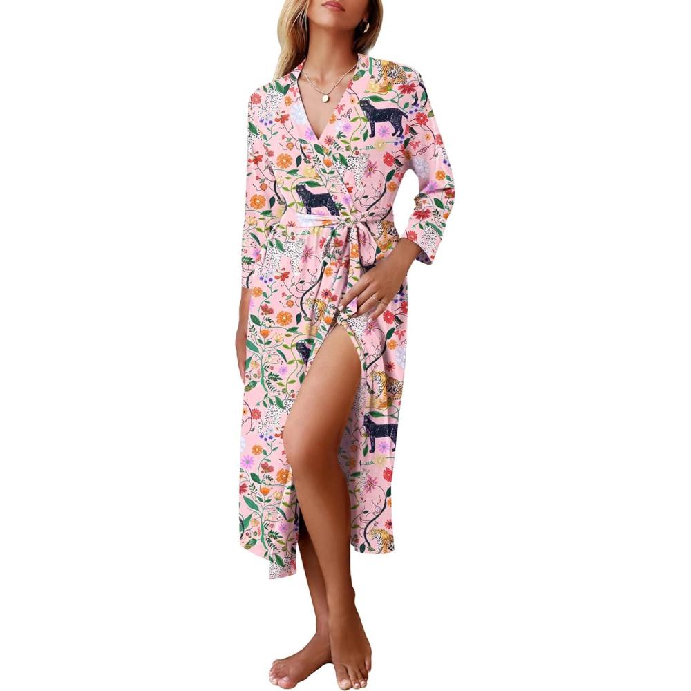 imageEkouaer Women Robes Long Knit Bathrobe Lightweight Soft Kimono Robes Casual Ladies Loungewear with PocketsPink Tiger