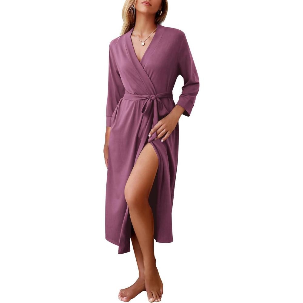imageEkouaer Women Robes Long Knit Bathrobe Lightweight Soft Kimono Robes Casual Ladies Loungewear with PocketsPurple Red