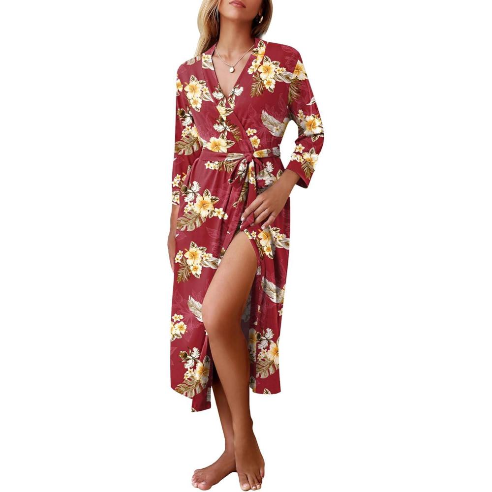 imageEkouaer Women Robes Long Knit Bathrobe Lightweight Soft Kimono Robes Casual Ladies Loungewear with PocketsRed Floral