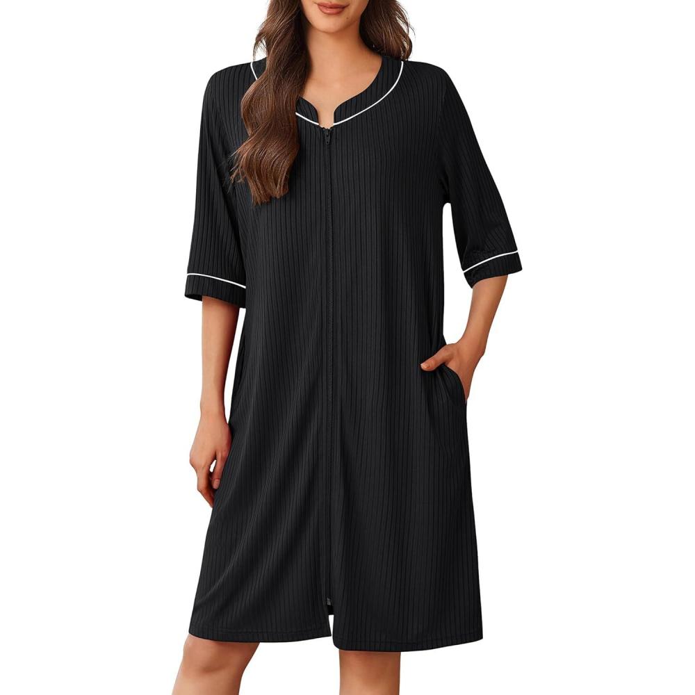 imageEkouaer Women Robes Zipper Front 34 Sleeve Housecoat Zip Up Bathrobes Lightweight Nightgown with Pockets SXXLBlack