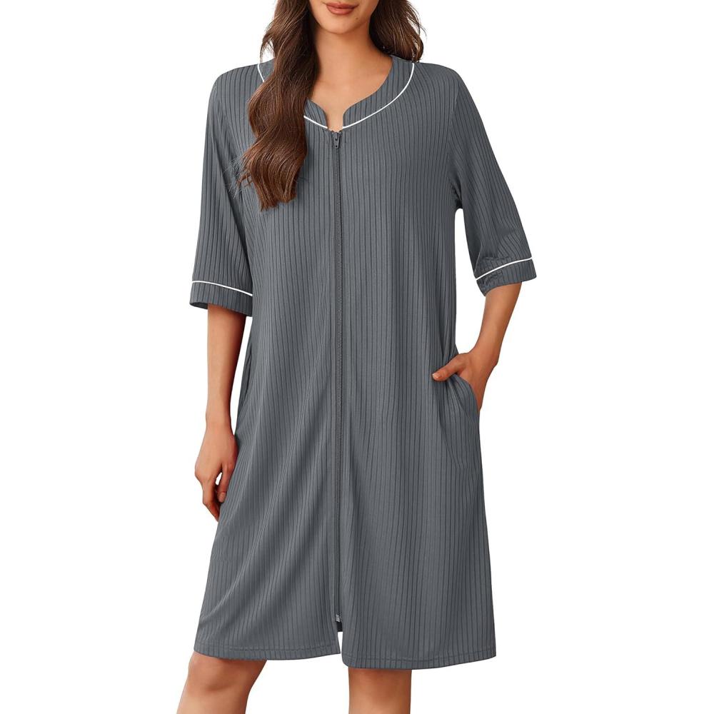 imageEkouaer Women Robes Zipper Front 34 Sleeve Housecoat Zip Up Bathrobes Lightweight Nightgown with Pockets SXXLDark Gray