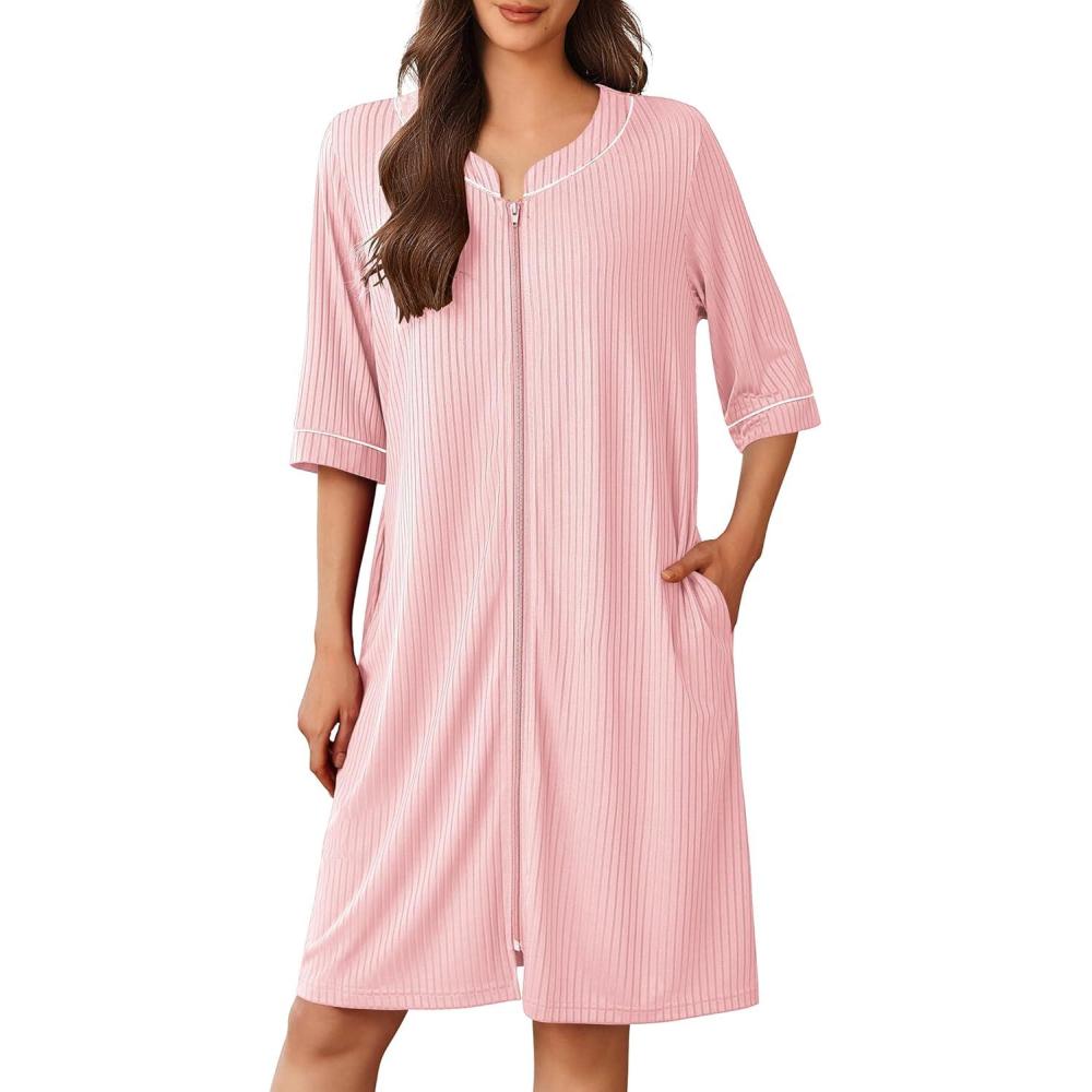 imageEkouaer Women Robes Zipper Front 34 Sleeve Housecoat Zip Up Bathrobes Lightweight Nightgown with Pockets SXXLDark Pink