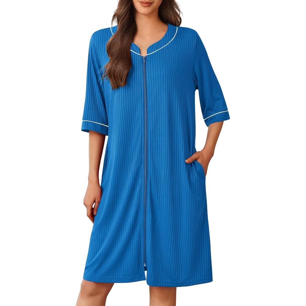 imageEkouaer Women Robes Zipper Front 34 Sleeve Housecoat Zip Up Bathrobes Lightweight Nightgown with Pockets SXXLRoyal Blue