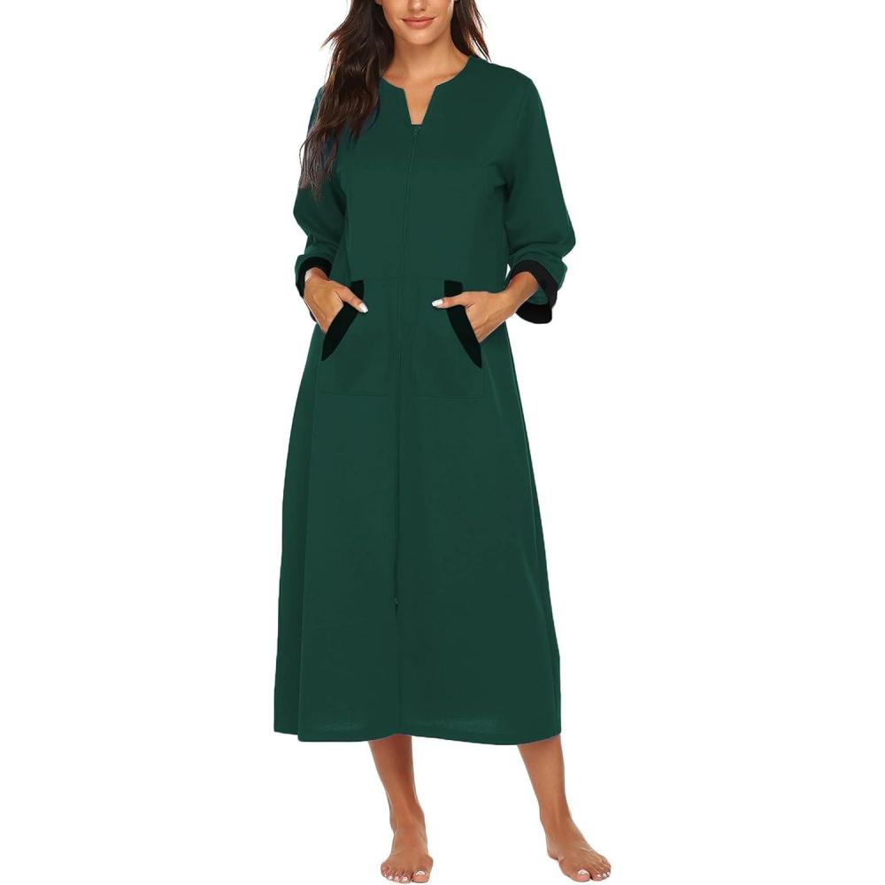 imageEkouaer Women Zipper Robe 34 Sleeves Loungewear Dress Full Length Sleepwear Pockets Housecoat Nightgown Long BathrobeDark Green
