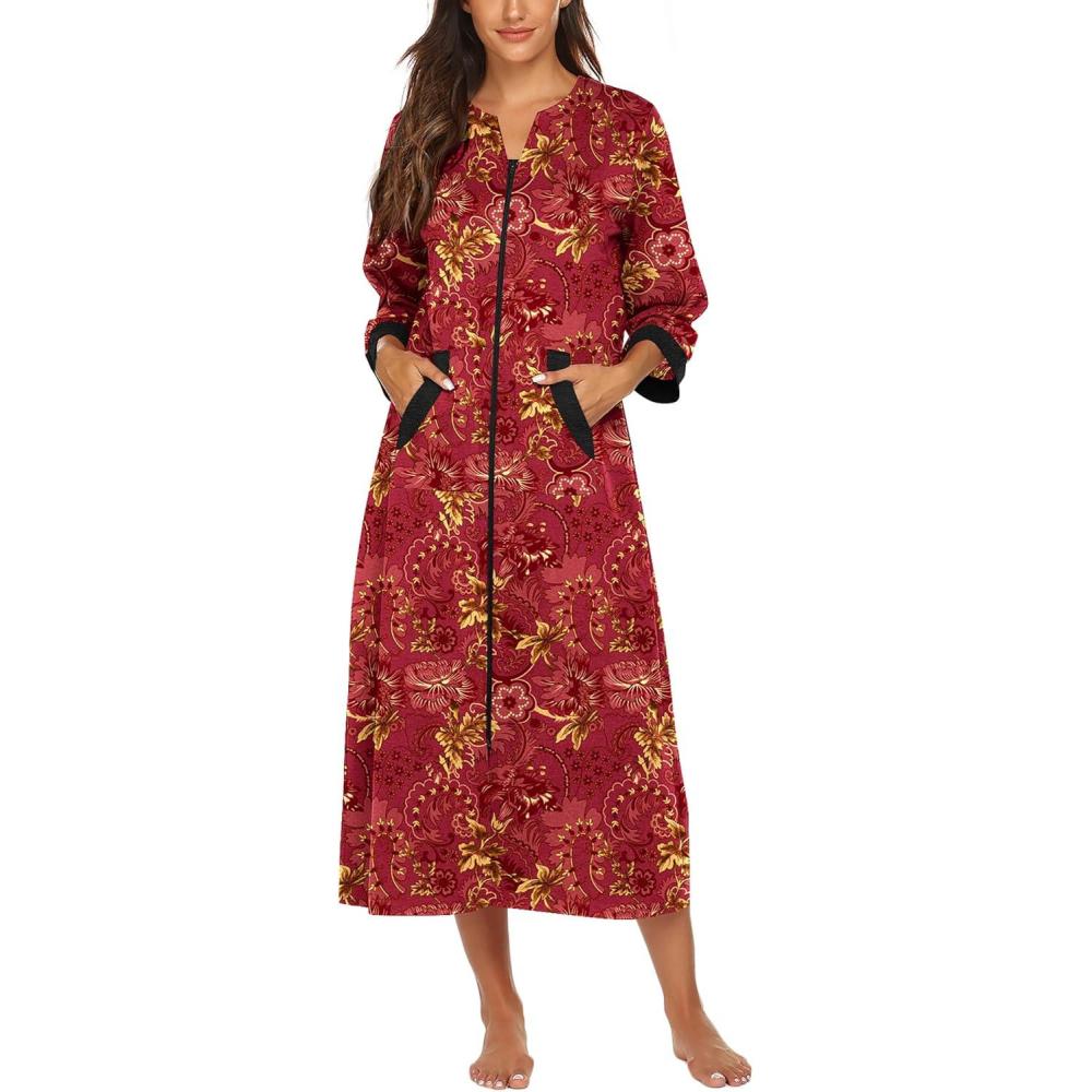imageEkouaer Women Zipper Robe 34 Sleeves Loungewear Dress Full Length Sleepwear Pockets Housecoat Nightgown Long BathrobeRed Floral