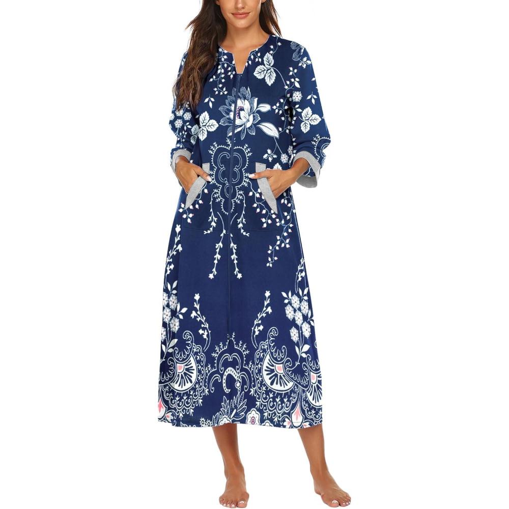 imageEkouaer Women Zipper Robe 34 Sleeves Loungewear Dress Full Length Sleepwear Pockets Housecoat Nightgown Long BathrobeStyle 1evening Blue Vines