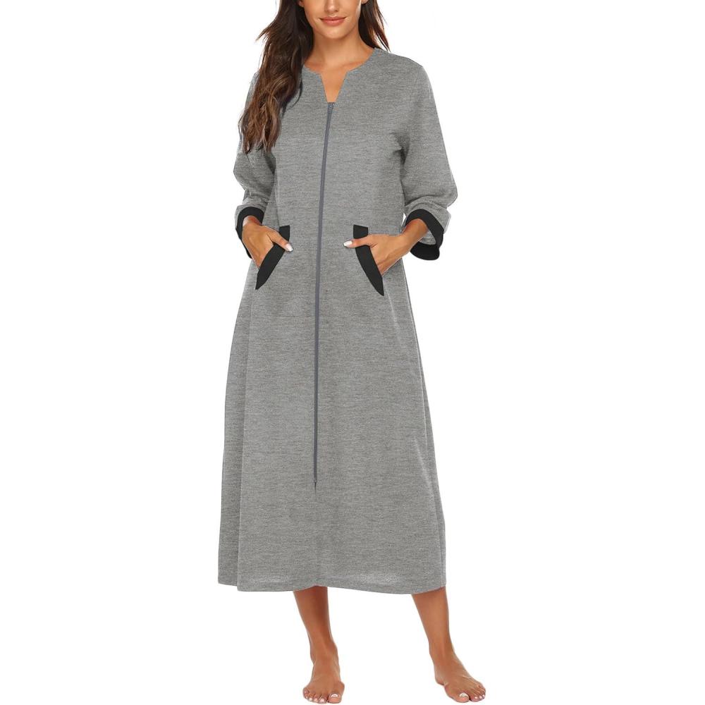 imageEkouaer Women Zipper Robe 34 Sleeves Loungewear Dress Full Length Sleepwear Pockets Housecoat Nightgown Long BathrobeStyle 1grey