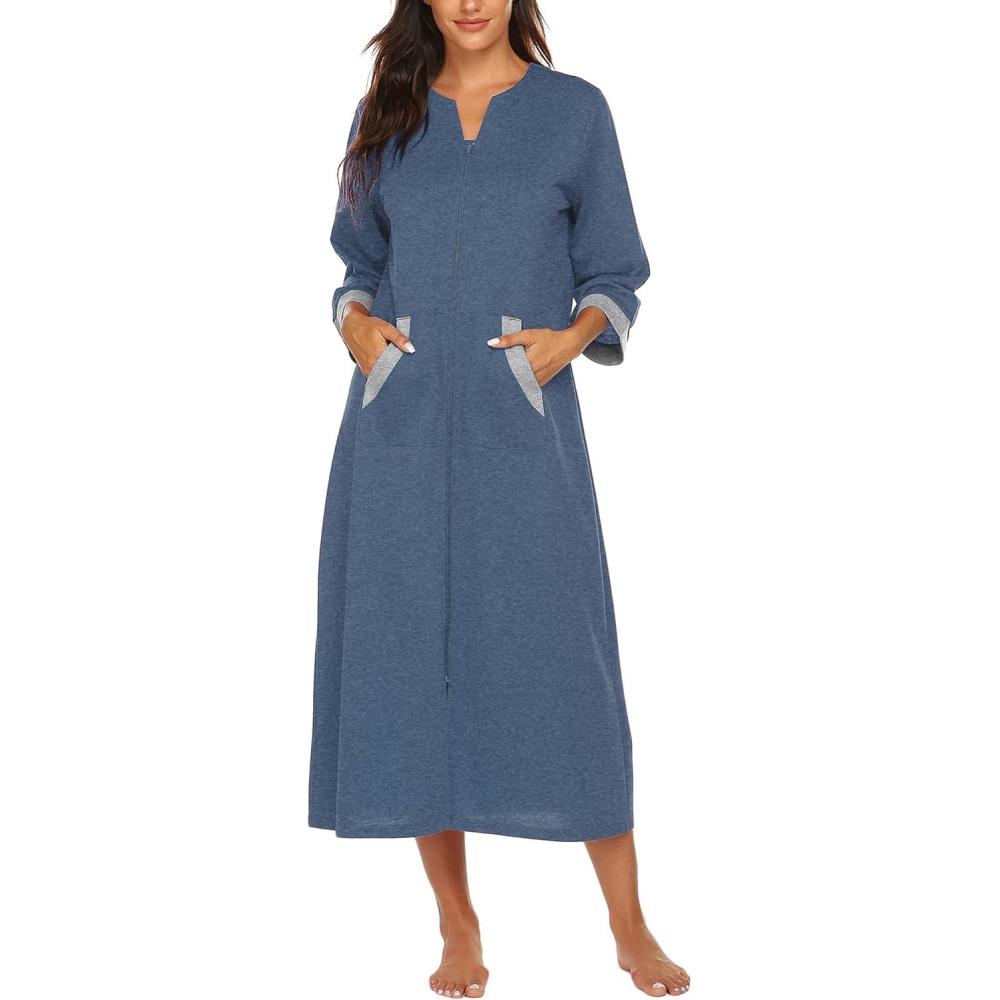 imageEkouaer Women Zipper Robe 34 Sleeves Loungewear Dress Full Length Sleepwear Pockets Housecoat Nightgown Long BathrobeStyle 1navy Blue