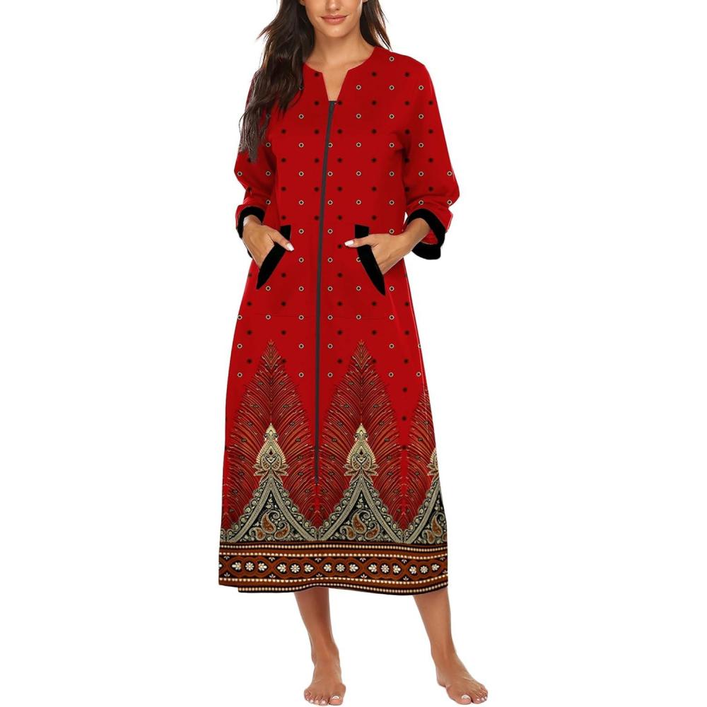imageEkouaer Women Zipper Robe 34 Sleeves Loungewear Dress Full Length Sleepwear Pockets Housecoat Nightgown Long BathrobeStyle 1pat20