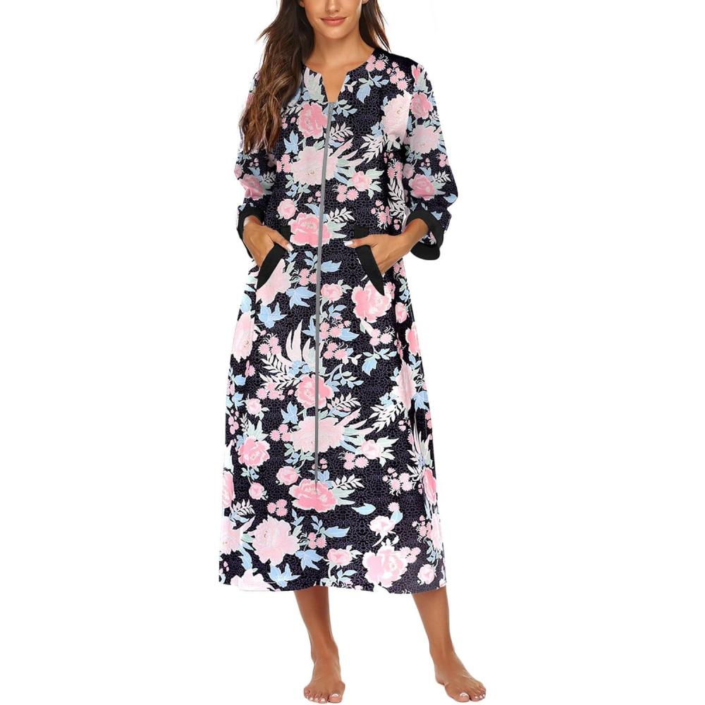 imageEkouaer Women Zipper Robe 34 Sleeves Loungewear Dress Full Length Sleepwear Pockets Housecoat Nightgown Long BathrobeStyle 1pat4