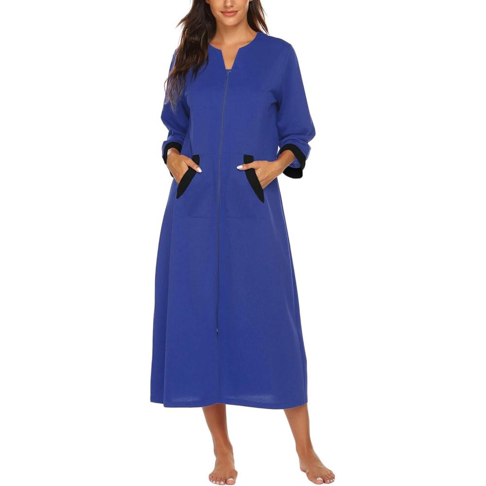 imageEkouaer Women Zipper Robe 34 Sleeves Loungewear Dress Full Length Sleepwear Pockets Housecoat Nightgown Long BathrobeStyle 1snorkel Blue