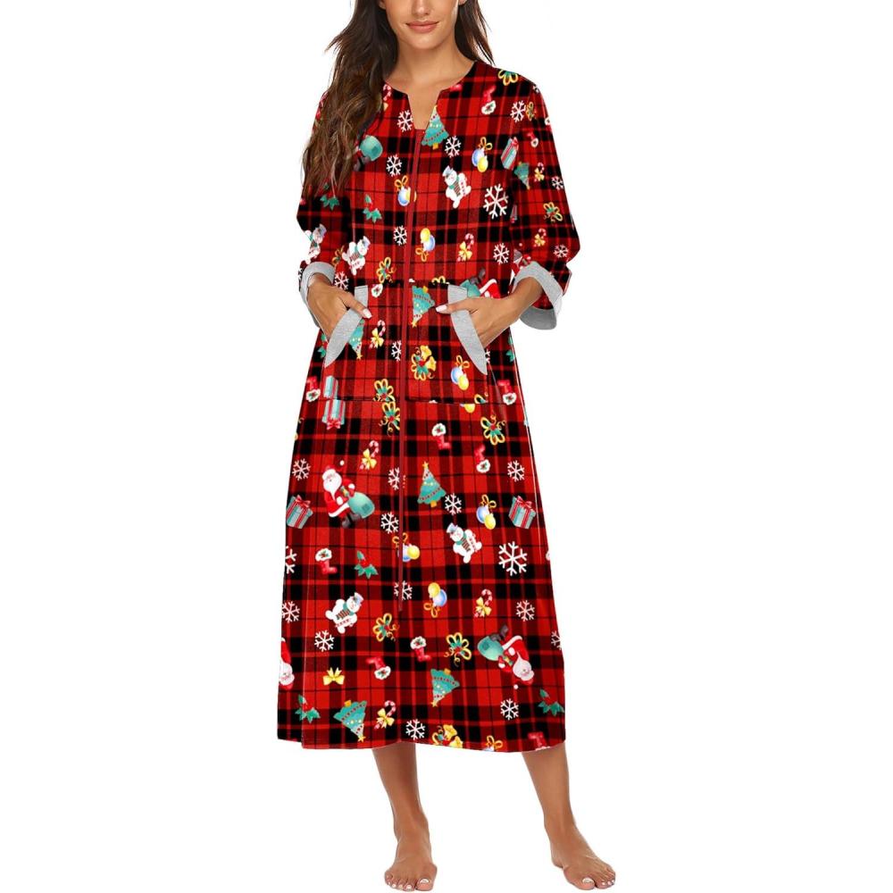 imageEkouaer Women Zipper Robe 34 Sleeves Loungewear Dress Full Length Sleepwear Pockets Housecoat Nightgown Long BathrobeXmas Print