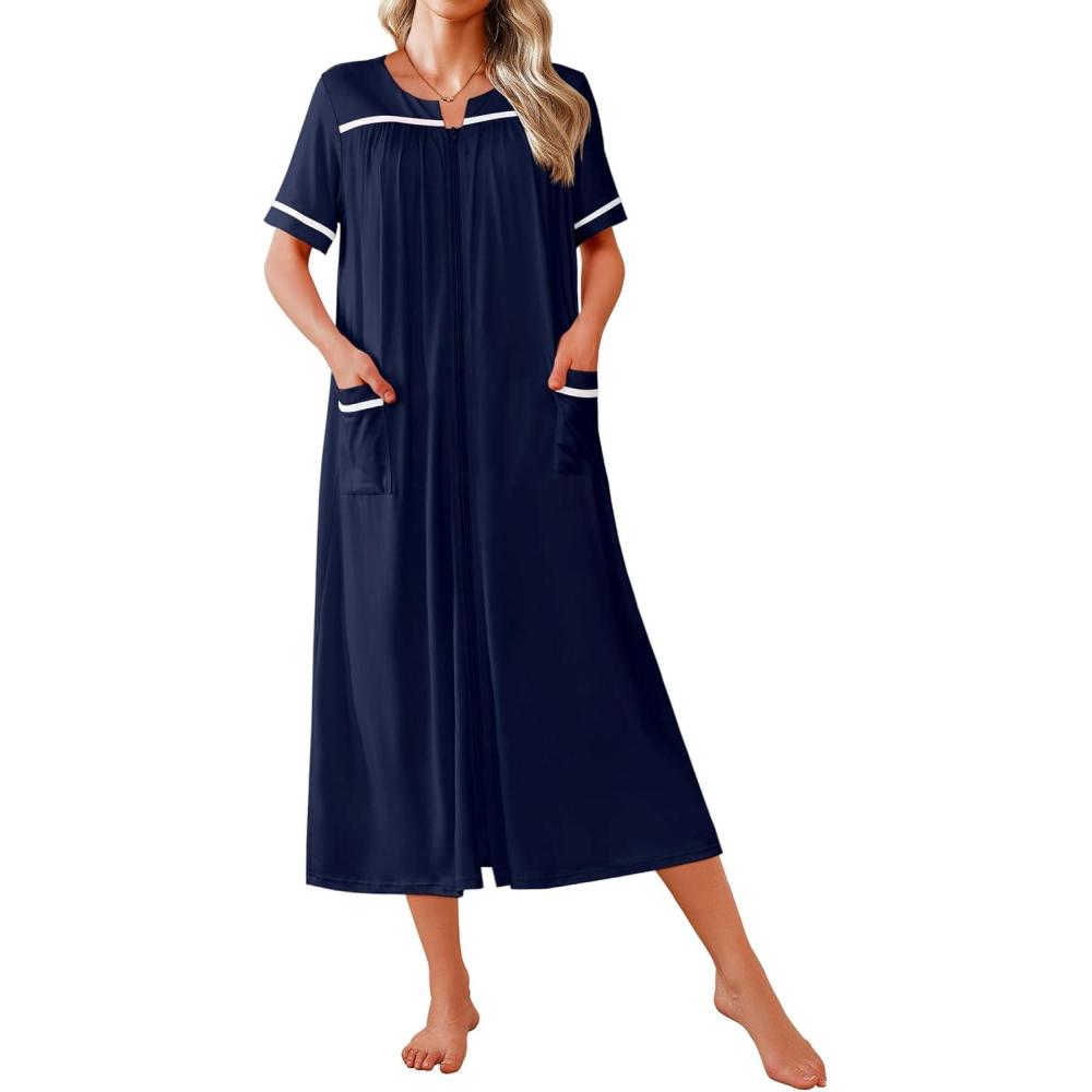imageEkouaer Women Zipper Robes Knit Short Sleeve House Coat Soft Bathrobe Full Length Housecoat Dressing Gown with PocketsNavy Blue