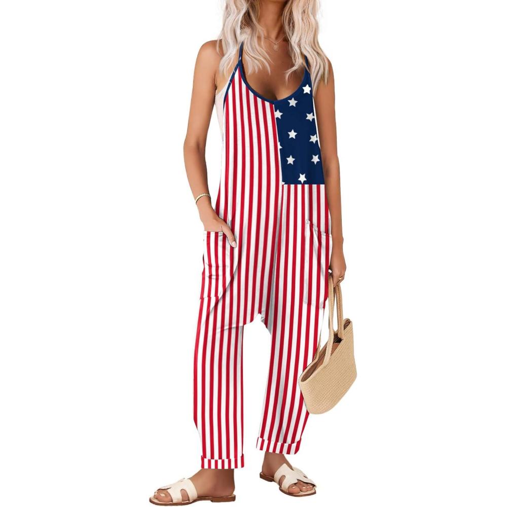 imageEkouaer Womens Jumpsuit Sleeveless Casual Summer Overalls Jumpers Spaghetti Strap Baggy Long Pants Rompers with PocketsFestival American Flag
