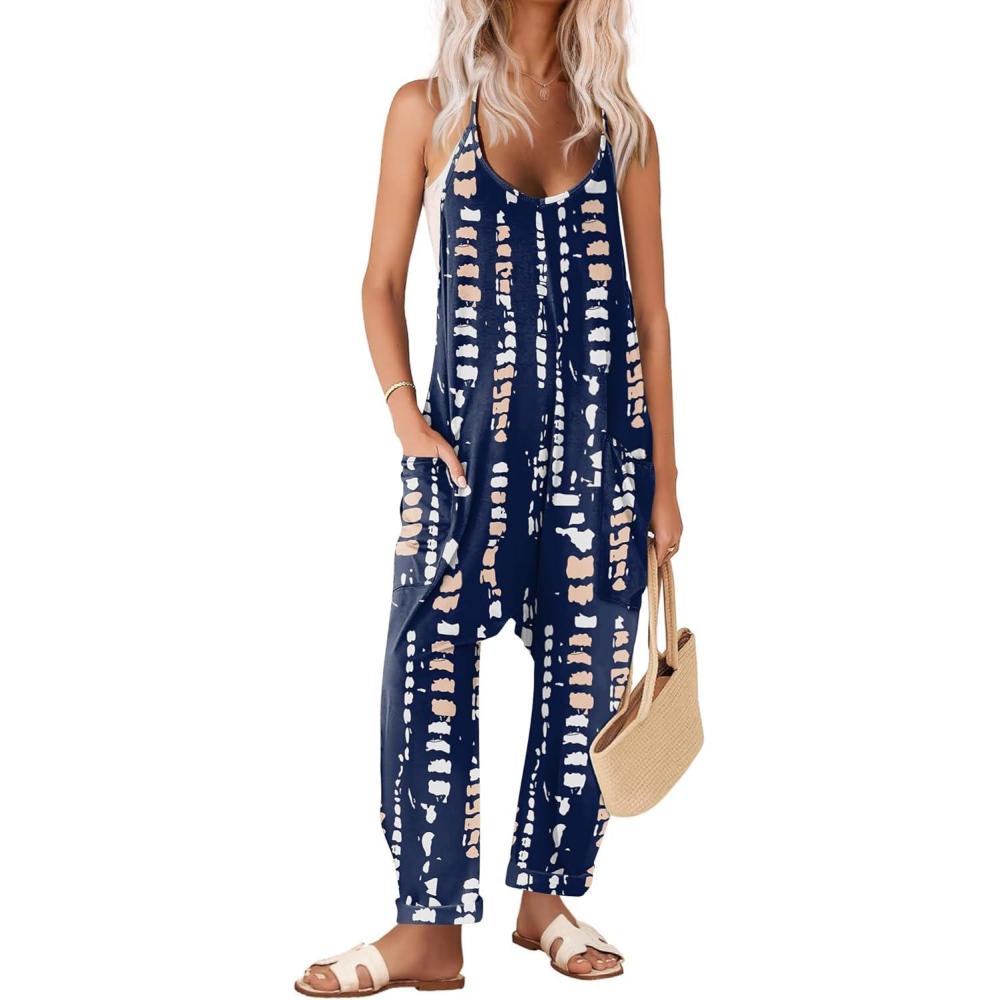 imageEkouaer Womens Jumpsuit Sleeveless Casual Summer Overalls Jumpers Spaghetti Strap Baggy Long Pants Rompers with PocketsTiedye Navy Blue White