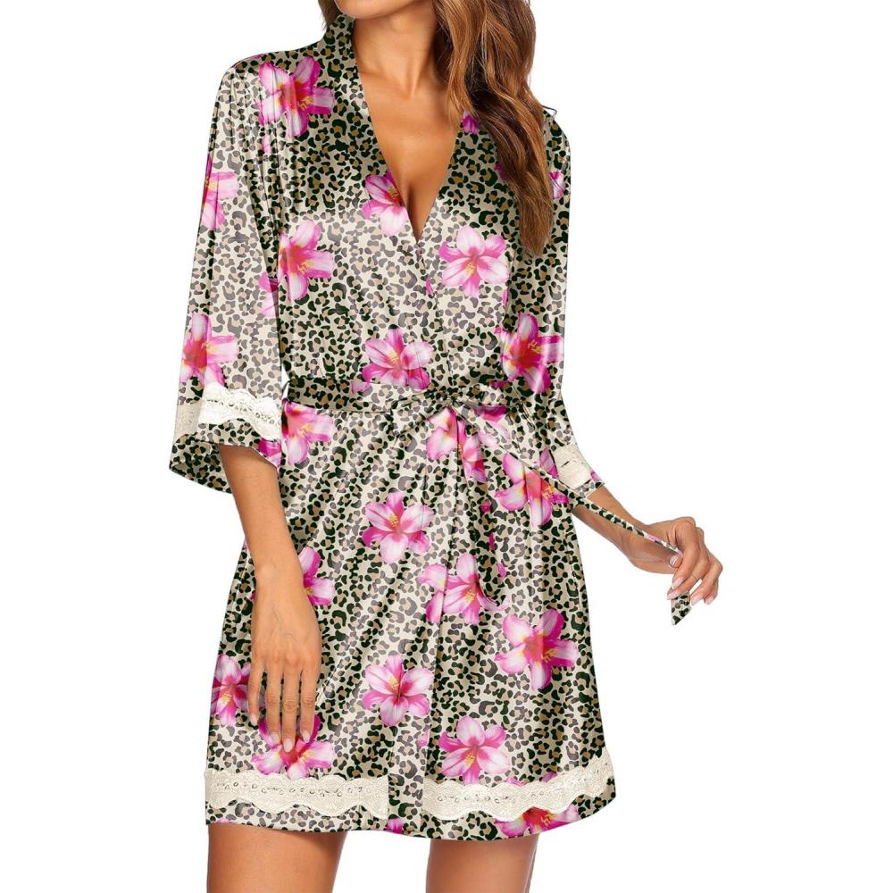 imageEkouaer Womens LaceTrim Silk Robes Bride Bridesmaid Kimono Satin Bathrobe V Neck Sleepwear with 34 SleeveFlower Leopard