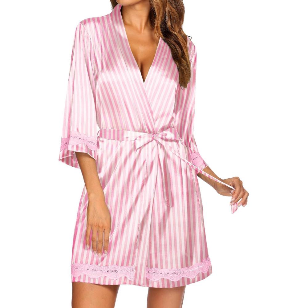 imageEkouaer Womens LaceTrim Silk Robes Bride Bridesmaid Kimono Satin Bathrobe V Neck Sleepwear with 34 SleevePink White Stripes