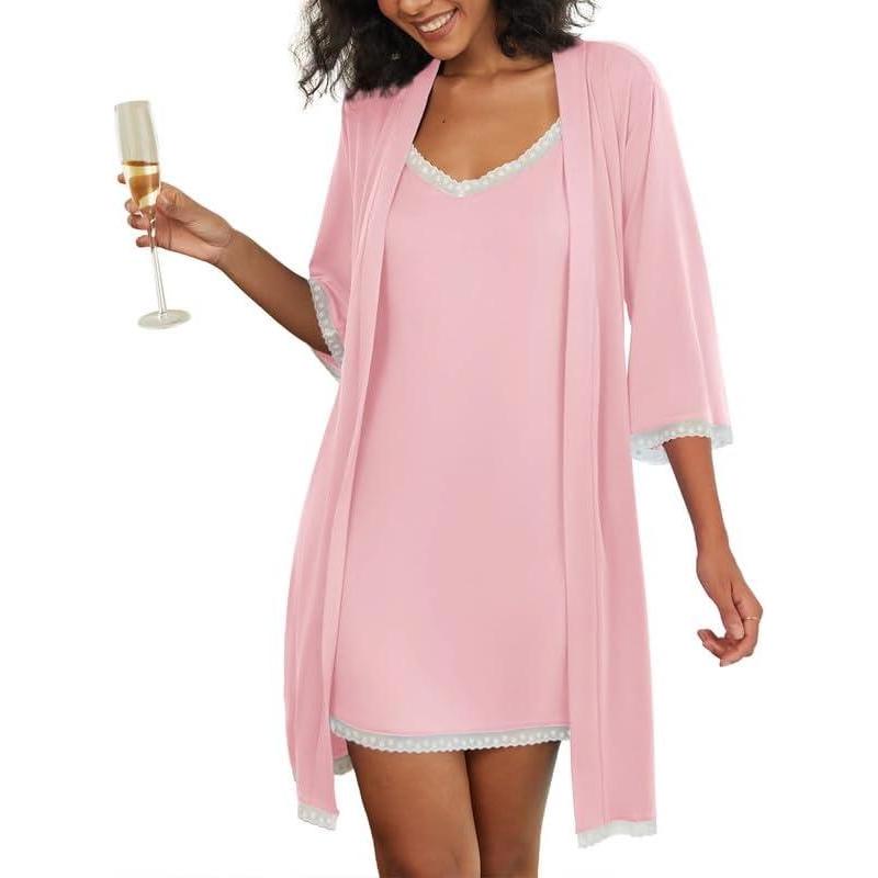 imageEkouaer Womens Nightgown and Robe Set 34 Sleeves Robes 2 Piece Bathrobe Set Vneck Lace Cami Sleepwear with Pockets S2XLDark Pink