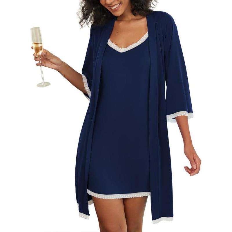 imageEkouaer Womens Nightgown and Robe Set 34 Sleeves Robes 2 Piece Bathrobe Set Vneck Lace Cami Sleepwear with Pockets S2XLNavy Blue