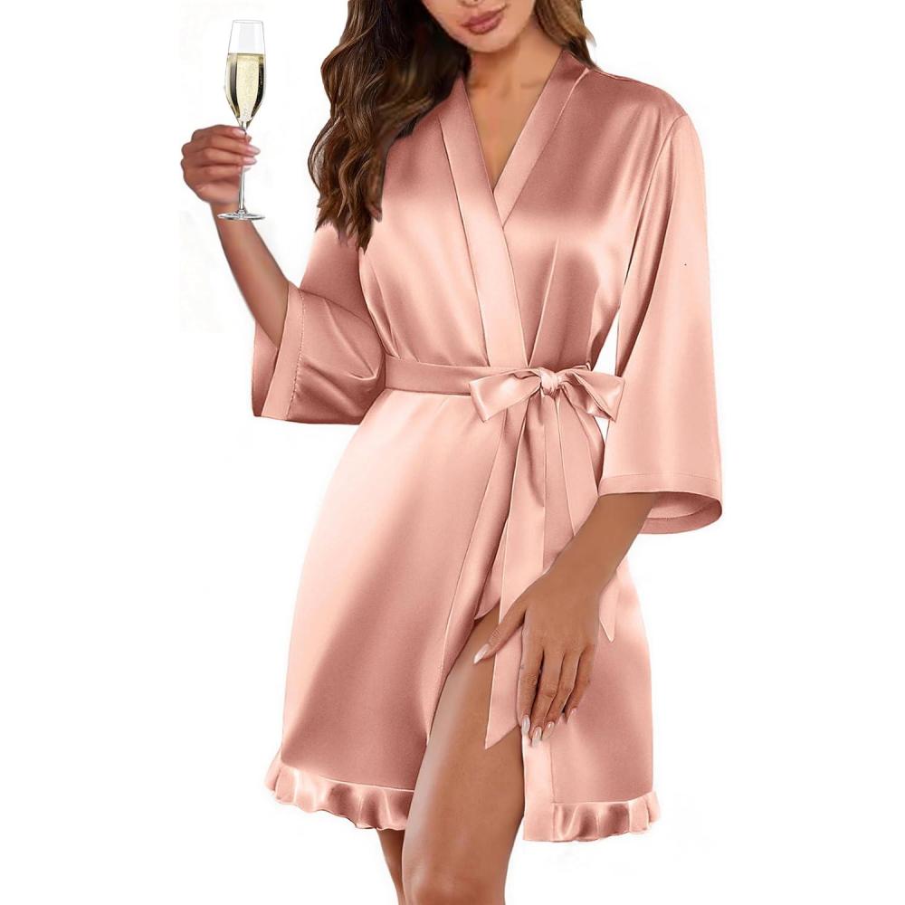 imageEkouaer Womens Satin Robes Silk Kimono Bath Robe Short Ruffled Hem Bride Bridesmaid Sleepwear with Pockets01misty Rose