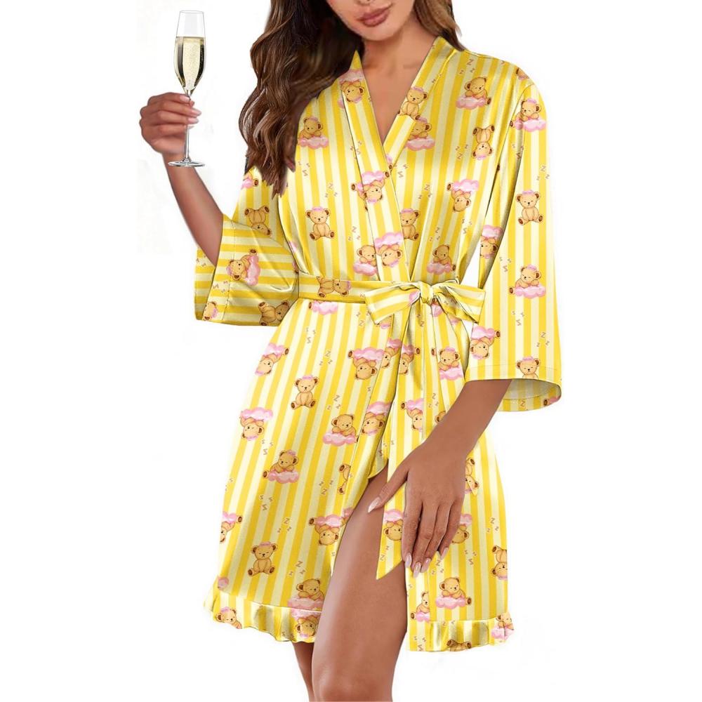 imageEkouaer Womens Satin Robes Silk Kimono Bath Robe Short Ruffled Hem Bride Bridesmaid Sleepwear with PocketsTeddy Bear