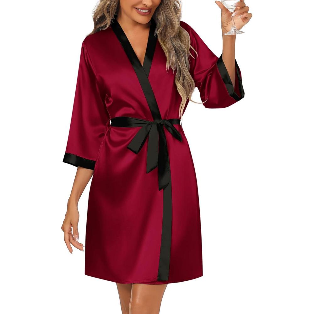 imageEkouaer Womens Satin Robes Silk Kimono Bathrobe 34 Sleeve Bridal Bridesmaids Robes Soft Silky Sleepwear SXXLWine Red