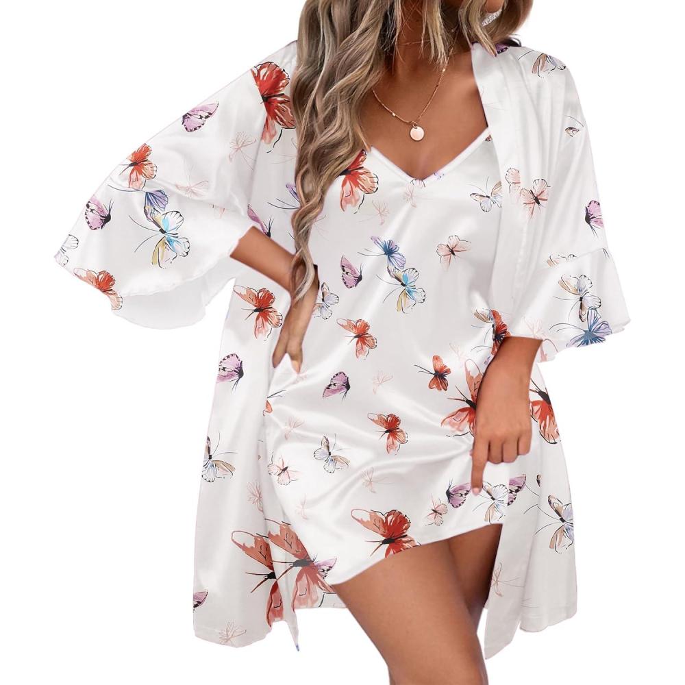 imageEkouaer Womens Silk Robe Set Vneck 2 Piece Bridal Party Robes and Satin Bathrobe Set with PocketsButterfly