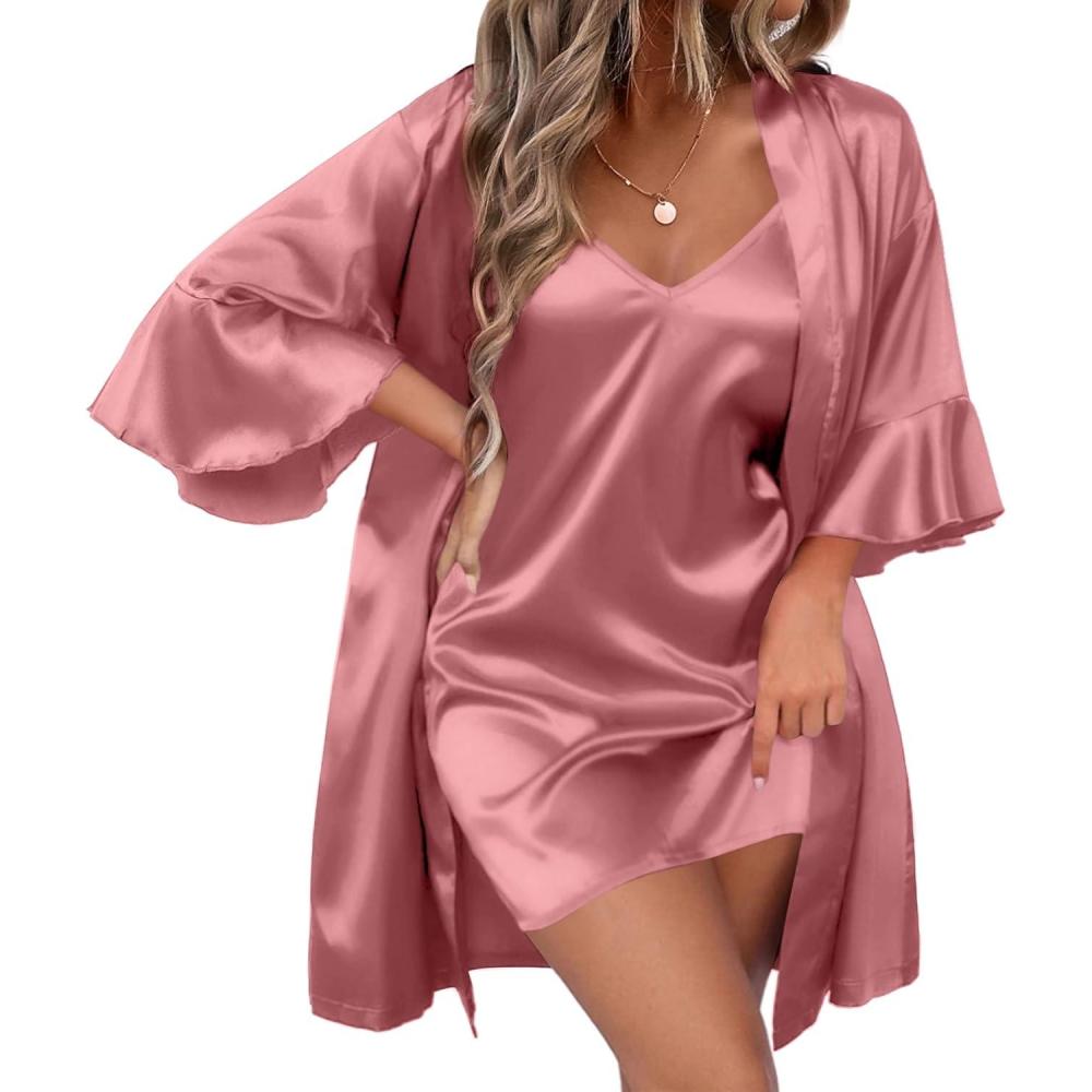 imageEkouaer Womens Silk Robe Set Vneck 2 Piece Bridal Party Robes and Satin Bathrobe Set with PocketsGray Purple