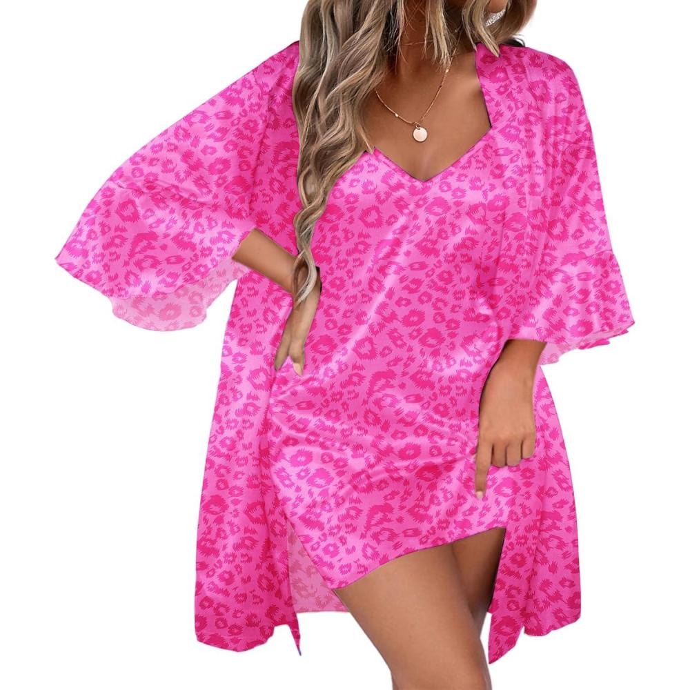 imageEkouaer Womens Silk Robe Set Vneck 2 Piece Bridal Party Robes and Satin Bathrobe Set with PocketsHot Pink Leopard