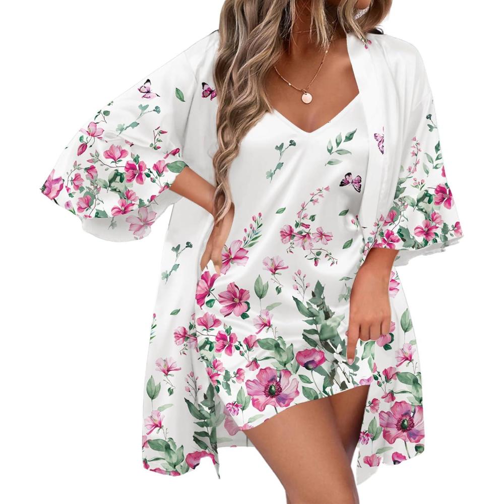 imageEkouaer Womens Silk Robe Set Vneck 2 Piece Bridal Party Robes and Satin Bathrobe Set with PocketsWhite Floral