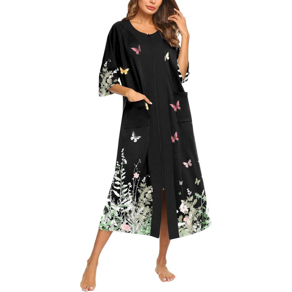 imageEkouaer Womens Zipper Robe 34 Sleeve Housecoats Full Length House Dress Loungewear Long Nightgown with PocketsBlack Floral
