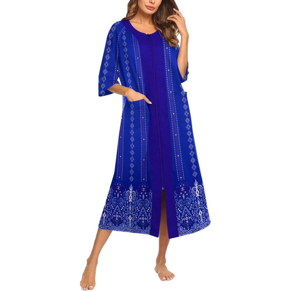 imageEkouaer Womens Zipper Robe 34 Sleeve Housecoats Full Length House Dress Loungewear Long Nightgown with PocketsBlue Floral