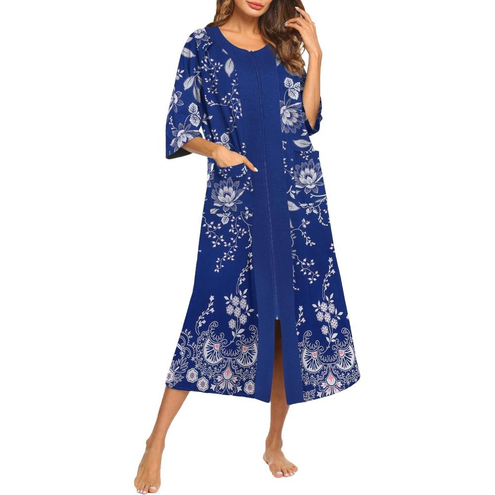imageEkouaer Womens Zipper Robe 34 Sleeve Housecoats Full Length House Dress Loungewear Long Nightgown with PocketsFloral Blue