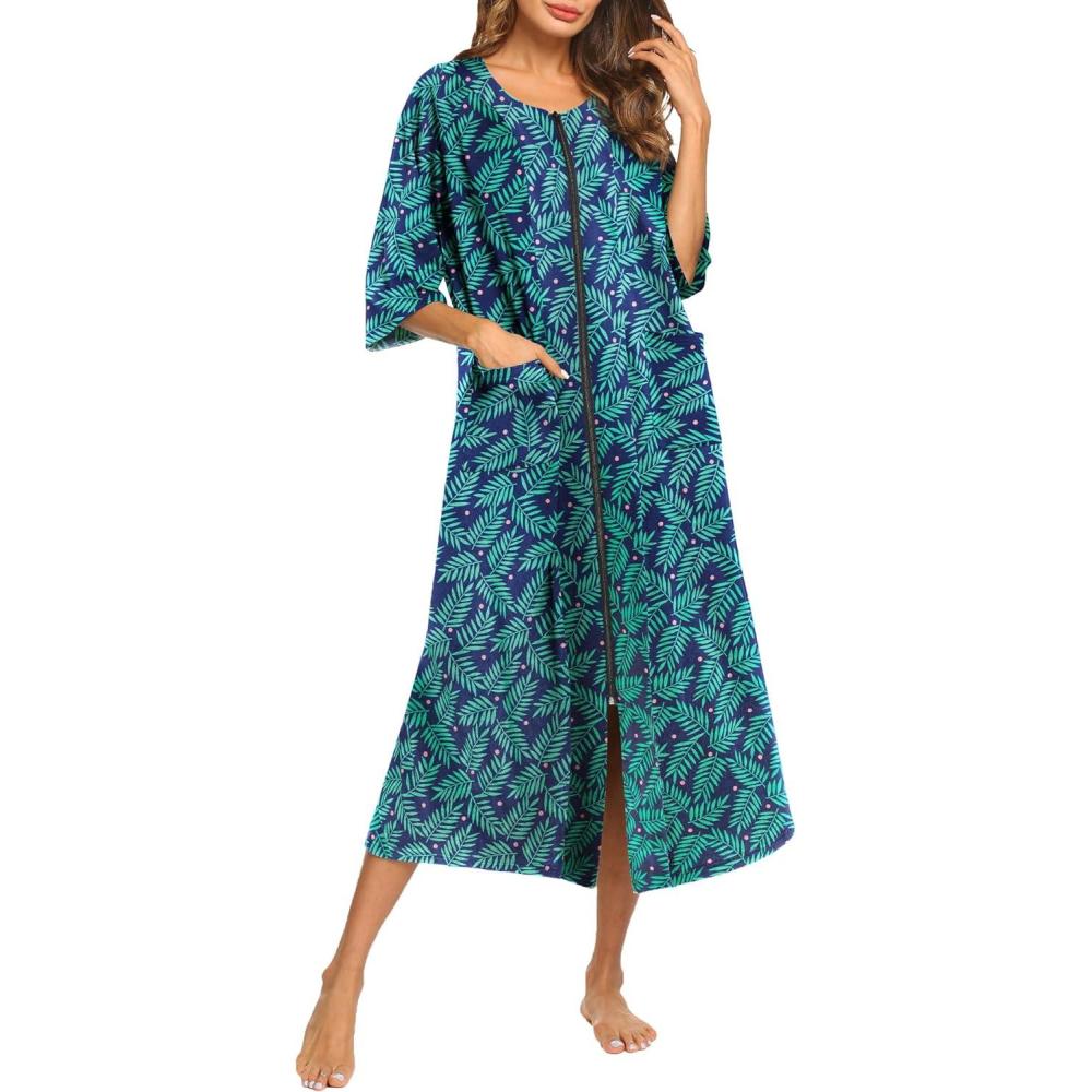 imageEkouaer Womens Zipper Robe 34 Sleeve Housecoats Full Length House Dress Loungewear Long Nightgown with PocketsGreen Leaf