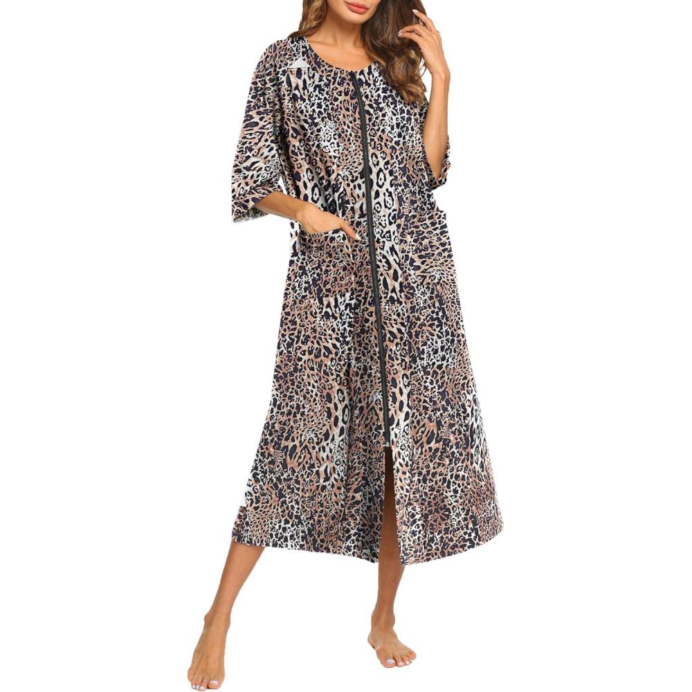 imageEkouaer Womens Zipper Robe 34 Sleeve Housecoats Full Length House Dress Loungewear Long Nightgown with PocketsLeopard