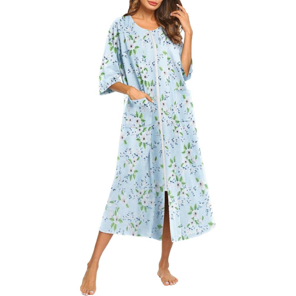 imageEkouaer Womens Zipper Robe 34 Sleeve Housecoats Full Length House Dress Loungewear Long Nightgown with PocketsLight Blue Flower