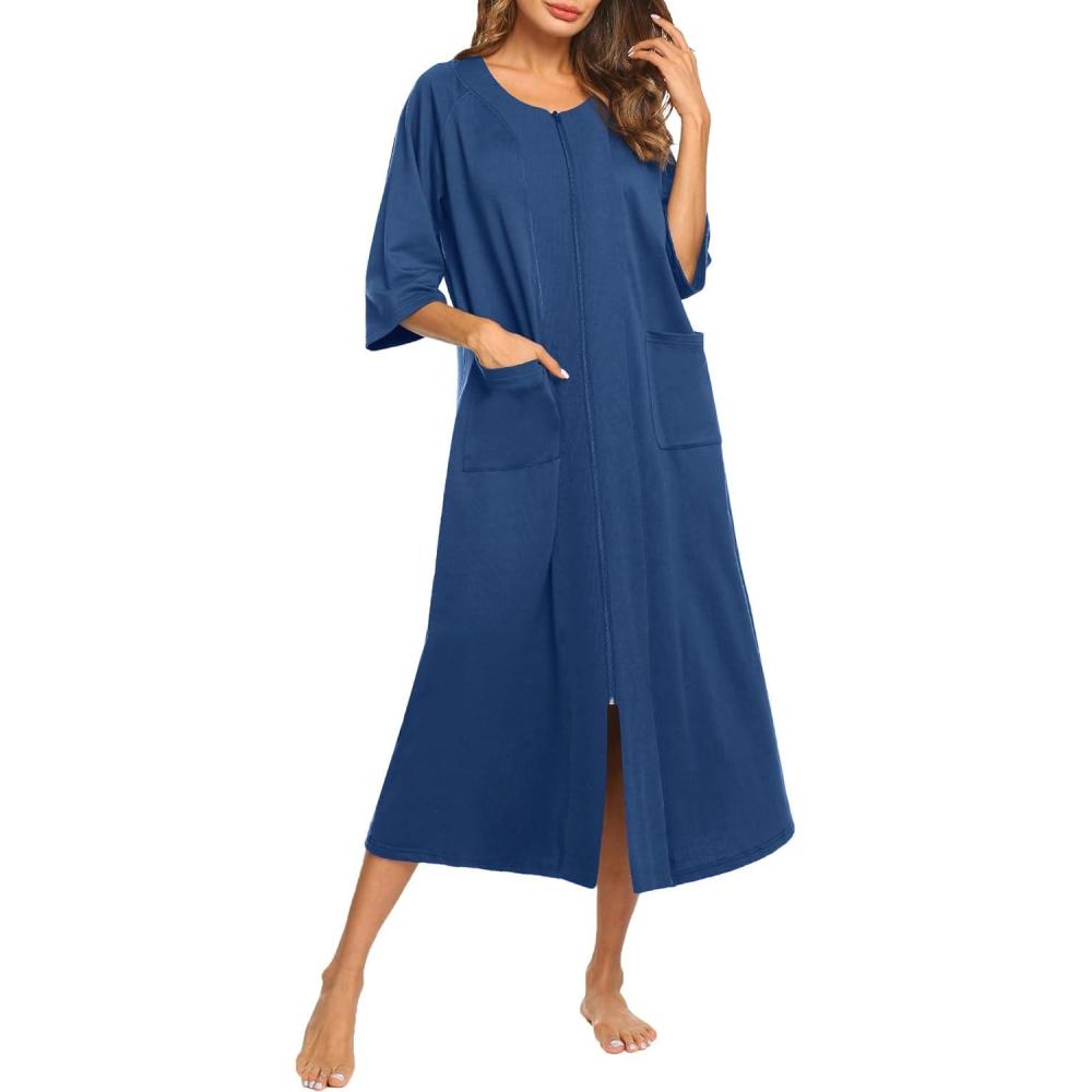 imageEkouaer Womens Zipper Robe 34 Sleeve Housecoats Full Length House Dress Loungewear Long Nightgown with PocketsNavy