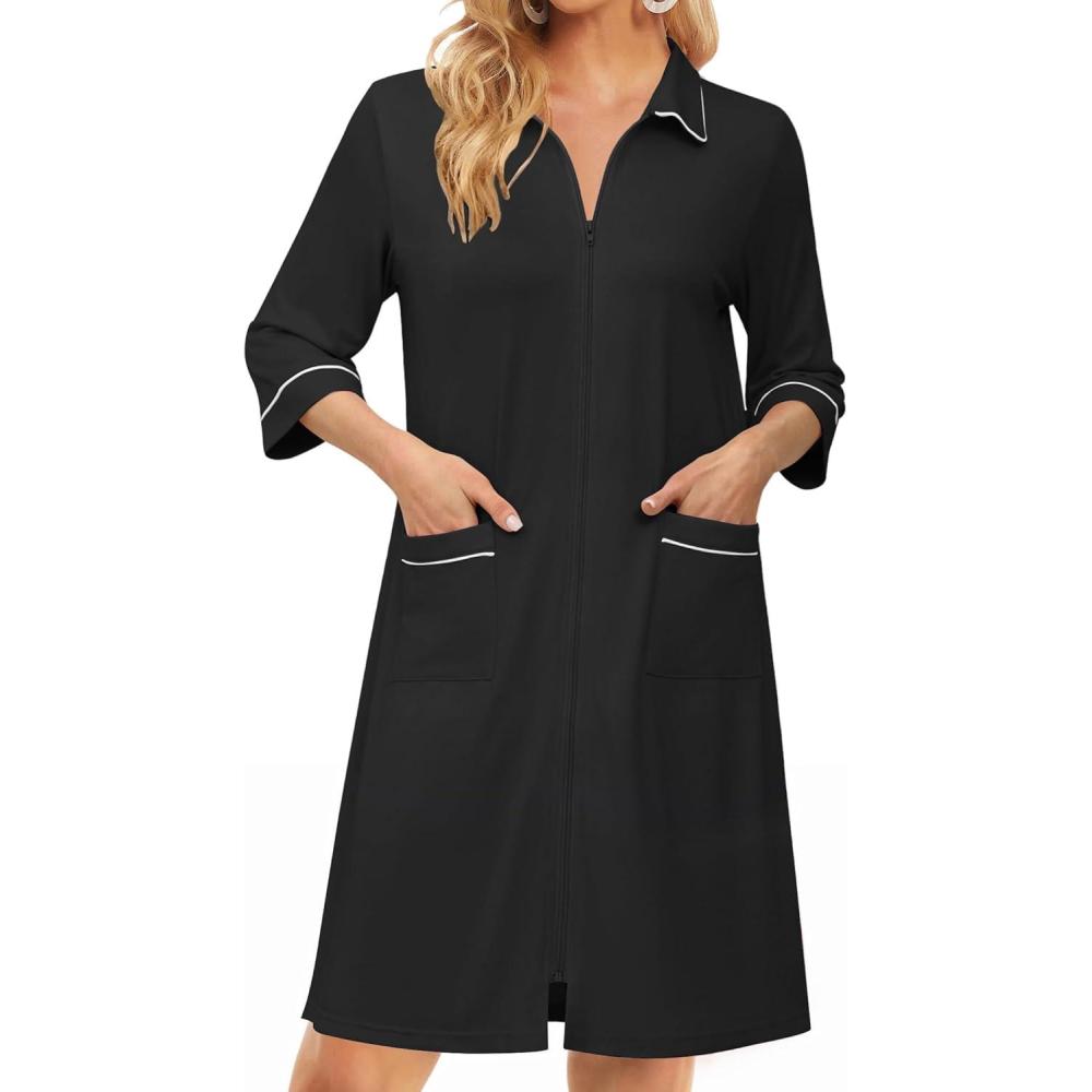 imageEkouaer Zipper Robes for Women 34 Sleeve Housecoats Knee Length Bathrobe Lightweight Nightgown with Pockets S3XLBlack