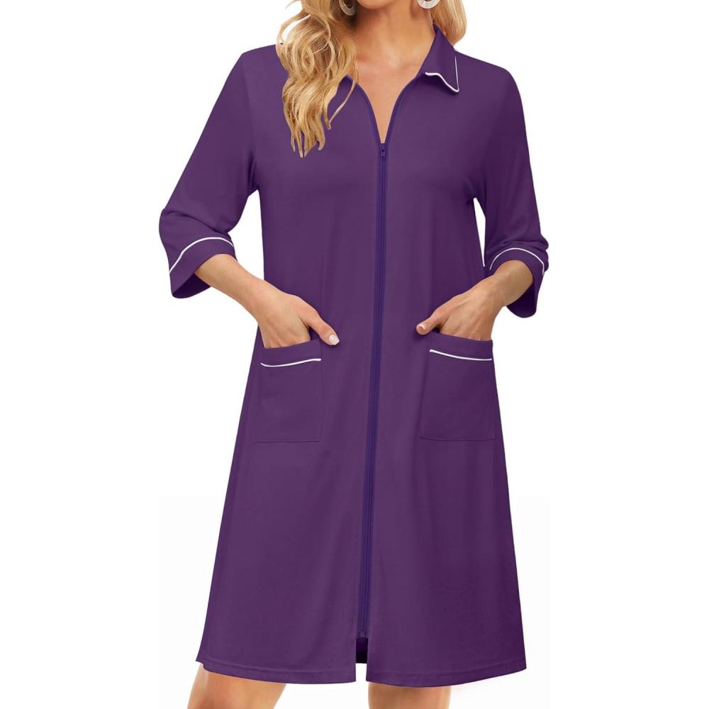 imageEkouaer Zipper Robes for Women 34 Sleeve Housecoats Knee Length Bathrobe Lightweight Nightgown with Pockets S3XLPurple