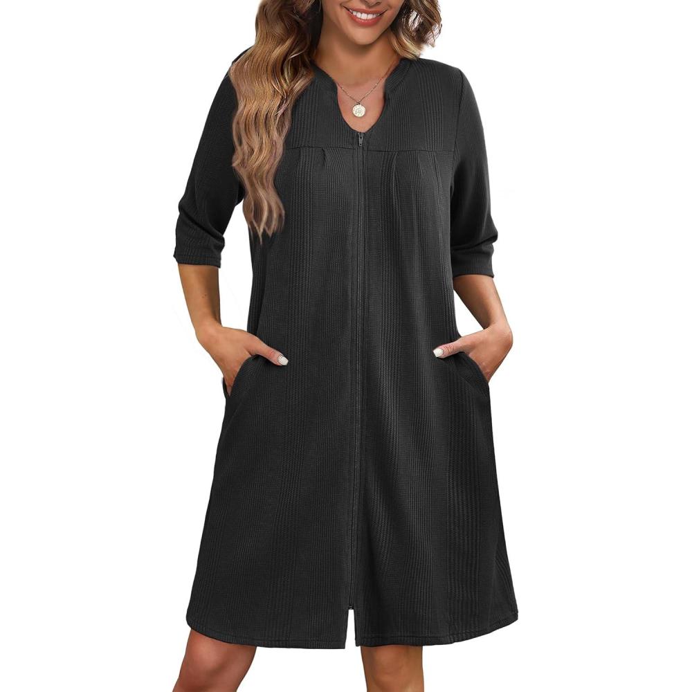 imageEkouaer Zipper Robes for Women 34 Sleeve Waffle Knit Bathrobe Lightweight Short Housecoat with Pockets Soft Loungewear