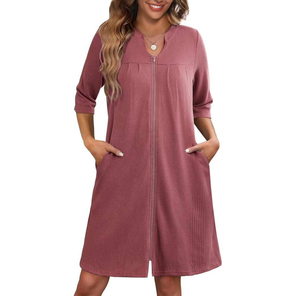 imageEkouaer Zipper Robes for Women 34 Sleeve Waffle Knit Bathrobe Lightweight Short Housecoat with Pockets Soft Loungewear S3XLCaramel