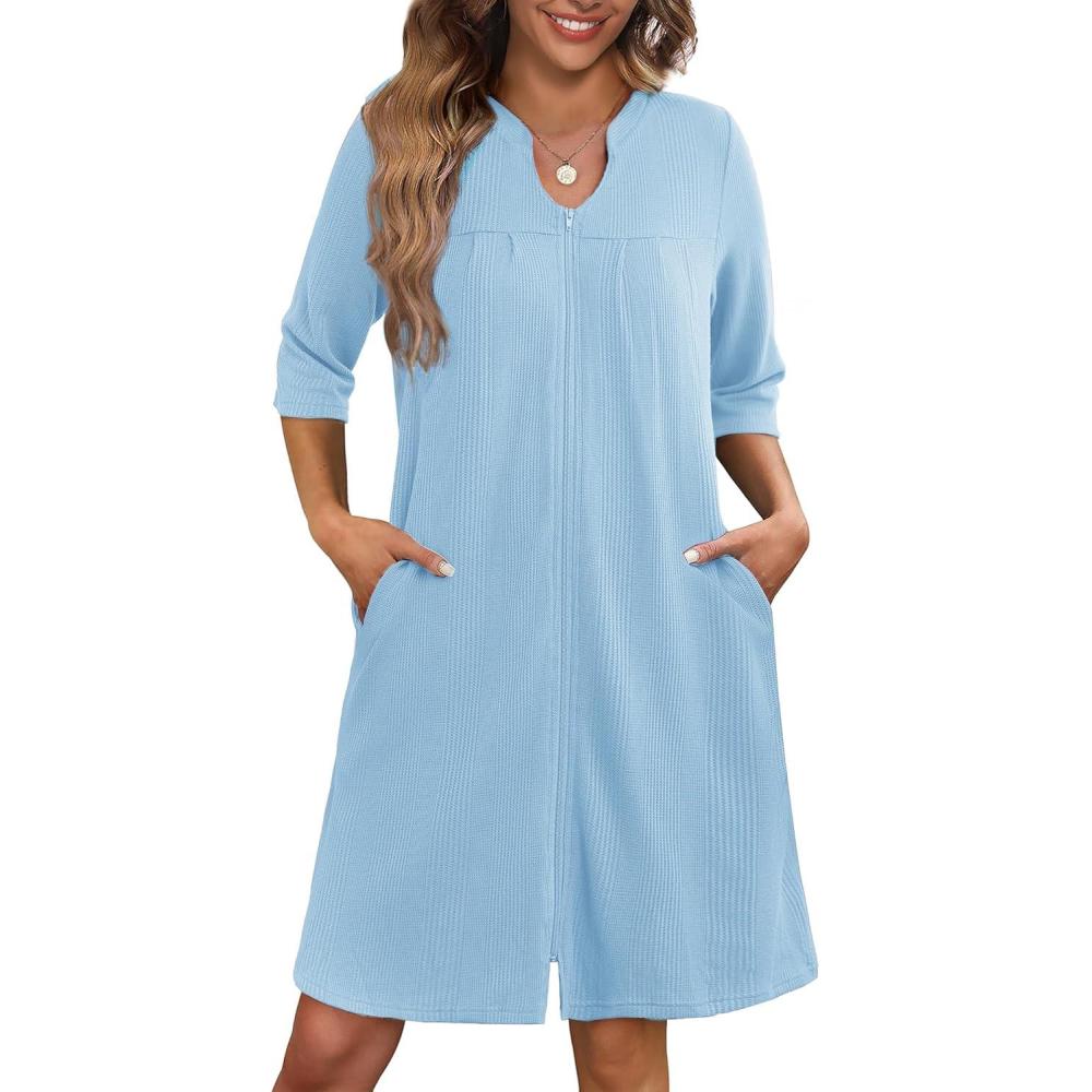 imageEkouaer Zipper Robes for Women 34 Sleeve Waffle Knit Bathrobe Lightweight Short Housecoat with Pockets Soft Loungewear S3XLClear Blue