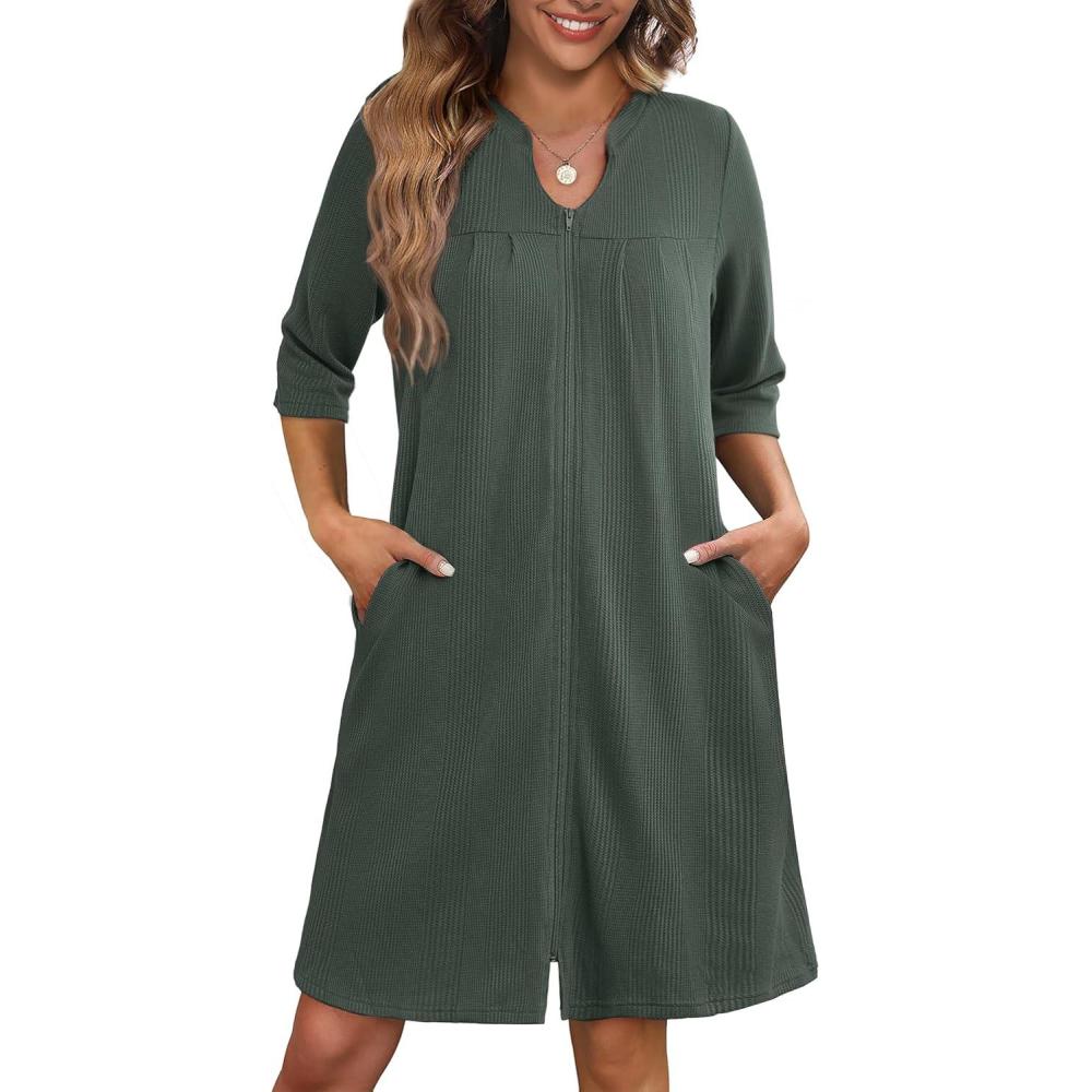 imageEkouaer Zipper Robes for Women 34 Sleeve Waffle Knit Bathrobe Lightweight Short Housecoat with Pockets Soft Loungewear S3XLDark Green