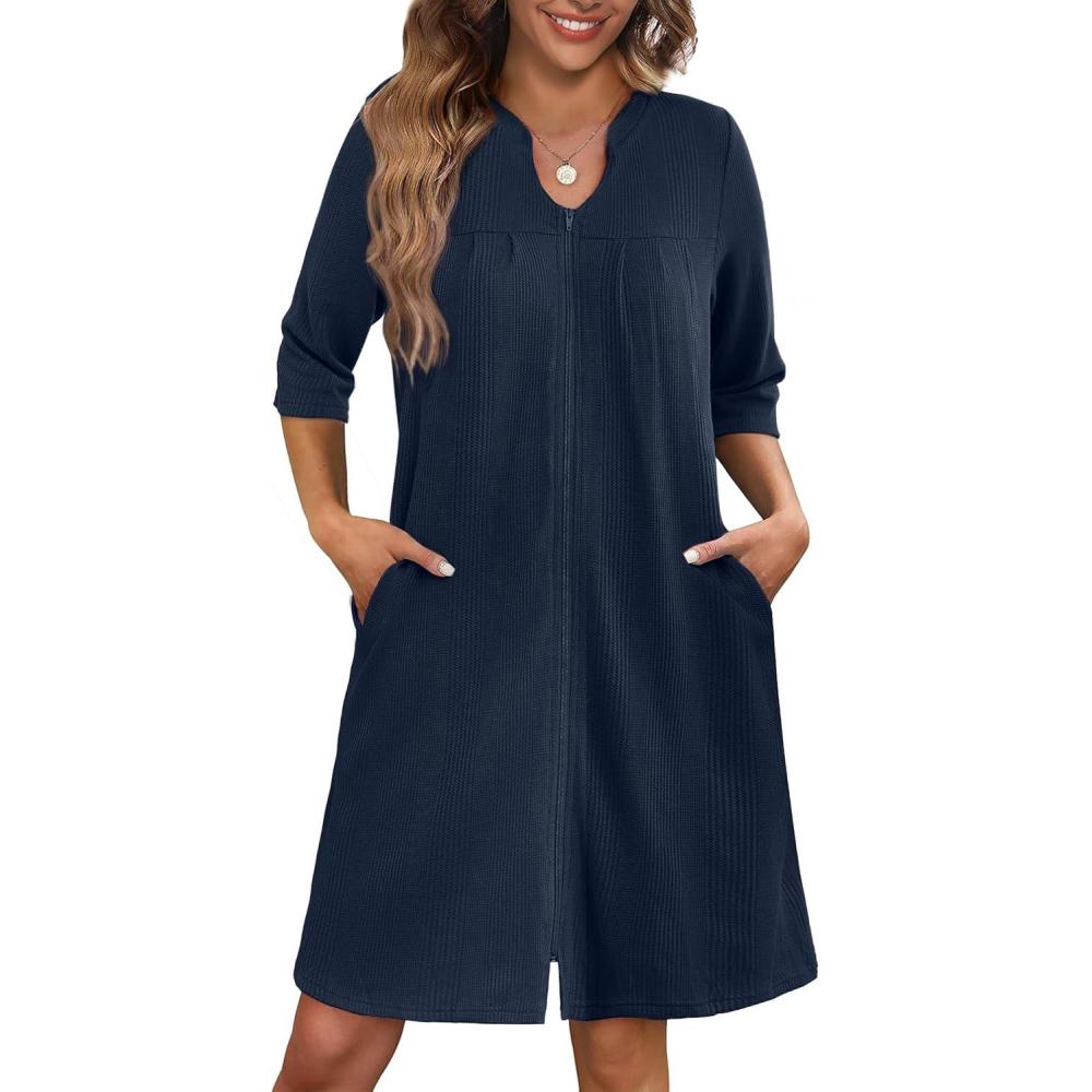 imageEkouaer Zipper Robes for Women 34 Sleeve Waffle Knit Bathrobe Lightweight Short Housecoat with Pockets Soft Loungewear S3XLNavy Blue