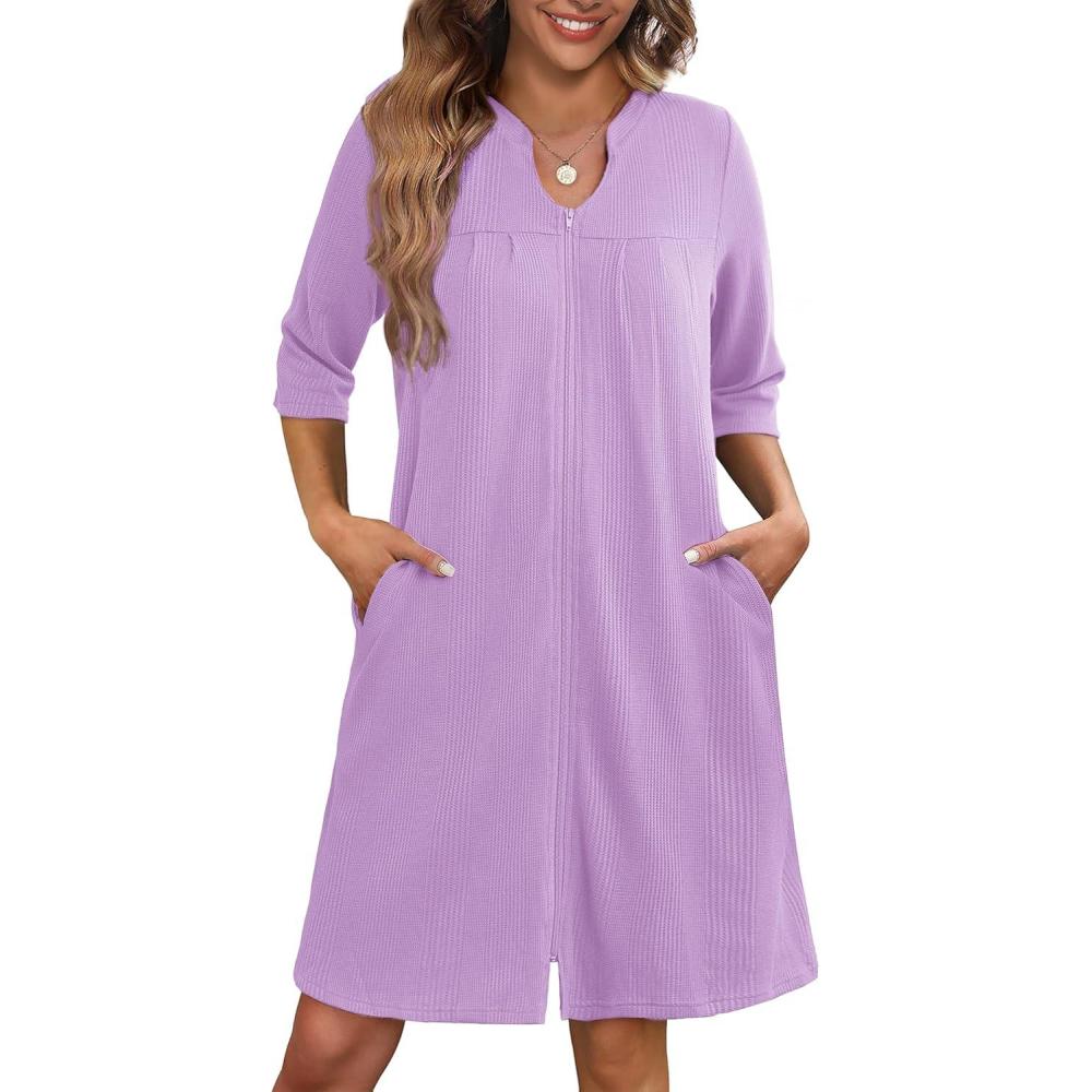 imageEkouaer Zipper Robes for Women 34 Sleeve Waffle Knit Bathrobe Lightweight Short Housecoat with Pockets Soft Loungewear S3XLPurple