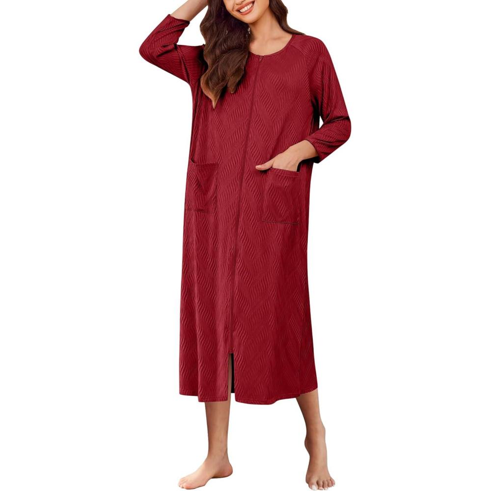 imageEkouaer Zipper Robes for Women Ribbed Knit Bathrobe Lightweight Full Length Loungewear with Pockets S3XLWine Red