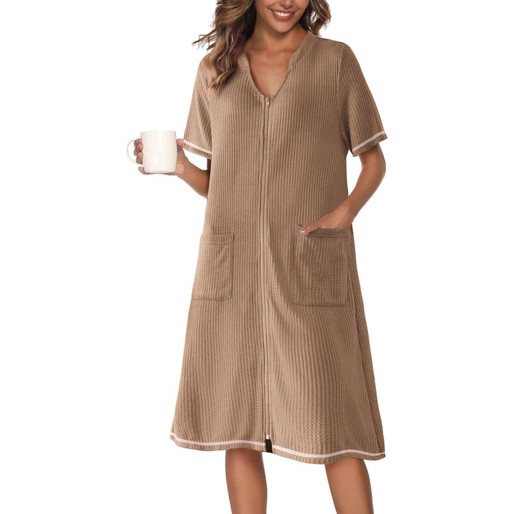 imageEkouaer Zipper Robes for Women Waffle Knit Bathrobes Short Lightweight Knee Length Loungewear with Pockets SXXLAkhaki